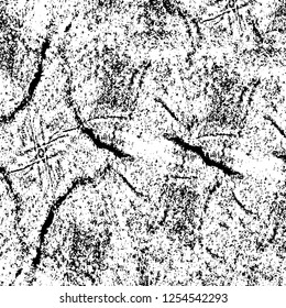 Abstract black and white vector background. Monochrome vintage surface with dirty pattern in cracks, spots, dots. Old painted wall in dark horror style design. Grunge overlay layer.