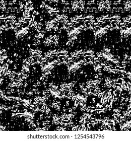 Abstract black and white vector background. Monochrome vintage surface with dirty pattern in cracks, spots, dots. Old painted wall in dark horror style design. Grunge overlay layer.
