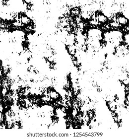 Abstract black and white vector background. Monochrome vintage surface with dirty pattern in cracks, spots, dots. Old painted wall in dark horror style design. Grunge overlay layer.