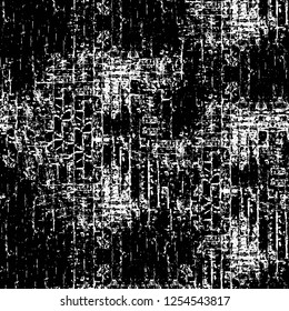 Abstract black and white vector background. Monochrome vintage surface with dirty pattern in cracks, spots, dots. Old painted wall in dark horror style design. Grunge overlay layer.
