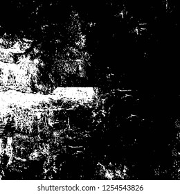 Abstract black and white vector background. Monochrome vintage surface with dirty pattern in cracks, spots, dots. Old painted wall in dark horror style design. Grunge overlay layer.