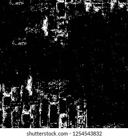 Abstract black and white vector background. Monochrome vintage surface with dirty pattern in cracks, spots, dots. Old painted wall in dark horror style design. Grunge overlay layer.