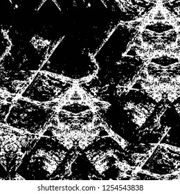 Abstract black and white vector background. Monochrome vintage surface with dirty pattern in cracks, spots, dots. Old painted wall in dark horror style design. Grunge overlay layer.
