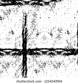Abstract black and white vector background. Monochrome vintage surface with dirty pattern in cracks, spots, dots. Old painted wall in dark horror style design. Grunge overlay layer.