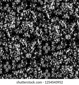 Abstract black and white vector background. Monochrome vintage surface with dirty pattern in cracks, spots, dots. Old painted wall in dark horror style design. Grunge overlay layer.
