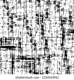 Abstract black and white vector background. Monochrome vintage surface with dirty pattern in cracks, spots, dots. Old painted wall in dark horror style design. Grunge overlay layer.