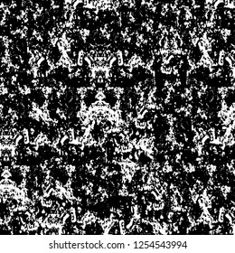Abstract black and white vector background. Monochrome vintage surface with dirty pattern in cracks, spots, dots. Old painted wall in dark horror style design. Grunge overlay layer.