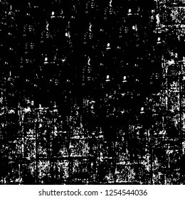 Abstract black and white vector background. Monochrome vintage surface with dirty pattern in cracks, spots, dots. Old painted wall in dark horror style design. Grunge overlay layer.