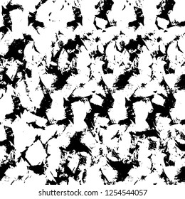 Abstract black and white vector background. Monochrome vintage surface with dirty pattern in cracks, spots, dots. Old painted wall in dark horror style design. Grunge overlay layer.