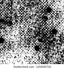 Abstract black and white vector background. Monochrome vintage surface with dirty pattern in cracks, spots, dots. Old painted wall in dark horror style design. Grunge overlay layer.