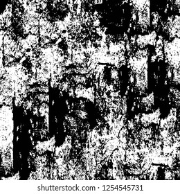 Abstract black and white vector background. Monochrome vintage surface with dirty pattern in cracks, spots, dots. Old painted wall in dark horror style design. Grunge overlay layer.
