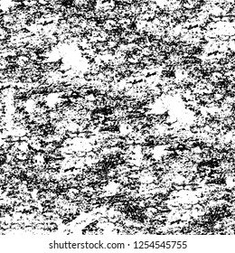 Abstract black and white vector background. Monochrome vintage surface with dirty pattern in cracks, spots, dots. Old painted wall in dark horror style design. Grunge overlay layer.