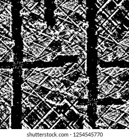 Abstract black and white vector background. Monochrome vintage surface with dirty pattern in cracks, spots, dots. Old painted wall in dark horror style design. Grunge overlay layer.