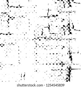 Abstract black and white vector background. Monochrome vintage surface with dirty pattern in cracks, spots, dots. Old painted wall in dark horror style design. Grunge overlay layer.