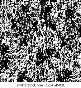 Abstract black and white vector background. Monochrome vintage surface with dirty pattern in cracks, spots, dots. Old painted wall in dark horror style design. Grunge overlay layer.