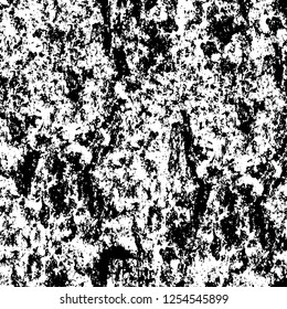 Abstract black and white vector background. Monochrome vintage surface with dirty pattern in cracks, spots, dots. Old painted wall in dark horror style design. Grunge overlay layer.