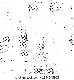 Abstract black and white vector background. Monochrome vintage surface with dirty pattern in cracks, spots, dots. Old painted wall in dark horror style design. Grunge overlay layer.