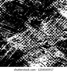 Abstract black and white vector background. Monochrome vintage surface with dirty pattern in cracks, spots, dots. Old painted wall in dark horror style design. Grunge overlay layer.