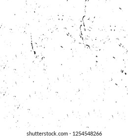 Abstract black and white vector background. Monochrome vintage surface with dirty pattern in cracks, spots, dots. Old painted wall in dark horror style design. Grunge overlay layer.