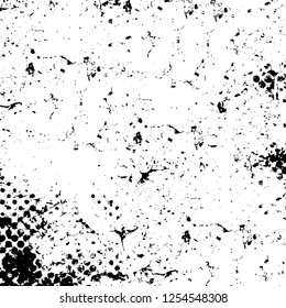 Abstract black and white vector background. Monochrome vintage surface with dirty pattern in cracks, spots, dots. Old painted wall in dark horror style design. Grunge overlay layer.