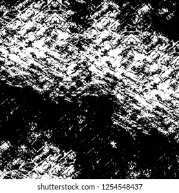 Abstract black and white vector background. Monochrome vintage surface with dirty pattern in cracks, spots, dots. Old painted wall in dark horror style design. Grunge overlay layer.