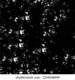Abstract black and white vector background. Monochrome vintage surface with dirty pattern in cracks, spots, dots. Old painted wall in dark horror style design. Grunge overlay layer.