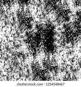 Abstract black and white vector background. Monochrome vintage surface with dirty pattern in cracks, spots, dots. Old painted wall in dark horror style design. Grunge overlay layer.