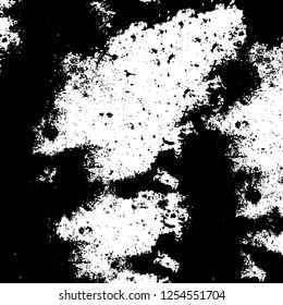 Abstract black and white vector background. Monochrome vintage surface with dirty pattern in cracks, spots, dots. Old painted wall in dark horror style design. Grunge overlay layer.
