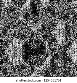 Abstract black and white vector background. Monochrome vintage surface with dirty pattern in cracks, spots, dots. Old painted wall in dark horror style design. Grunge overlay layer.