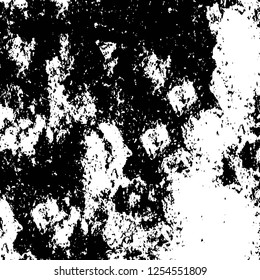 Abstract black and white vector background. Monochrome vintage surface with dirty pattern in cracks, spots, dots. Old painted wall in dark horror style design. Grunge overlay layer.