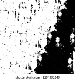 Abstract black and white vector background. Monochrome vintage surface with dirty pattern in cracks, spots, dots. Old painted wall in dark horror style design. Grunge overlay layer.