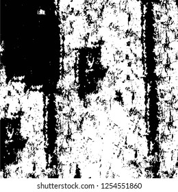 Abstract black and white vector background. Monochrome vintage surface with dirty pattern in cracks, spots, dots. Old painted wall in dark horror style design. Grunge overlay layer.