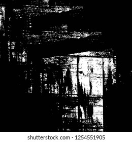 Abstract black and white vector background. Monochrome vintage surface with dirty pattern in cracks, spots, dots. Old painted wall in dark horror style design. Grunge overlay layer.
