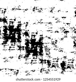Abstract black and white vector background. Monochrome vintage surface with dirty pattern in cracks, spots, dots. Old painted wall in dark horror style design. Grunge overlay layer.