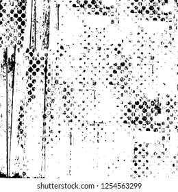 Abstract black and white vector background. Monochrome vintage surface with dirty pattern in cracks, spots, dots. Old painted wall in dark horror style design. Grunge overlay layer.