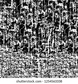 Abstract black and white vector background. Monochrome vintage surface with dirty pattern in cracks, spots, dots. Old painted wall in dark horror style design. Grunge overlay layer.