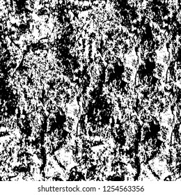 Abstract black and white vector background. Monochrome vintage surface with dirty pattern in cracks, spots, dots. Old painted wall in dark horror style design. Grunge overlay layer.