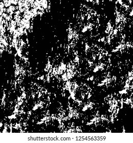 Abstract black and white vector background. Monochrome vintage surface with dirty pattern in cracks, spots, dots. Old painted wall in dark horror style design. Grunge overlay layer.