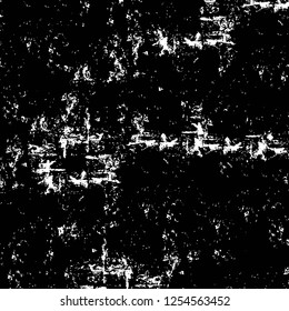 Abstract black and white vector background. Monochrome vintage surface with dirty pattern in cracks, spots, dots. Old painted wall in dark horror style design. Grunge overlay layer.