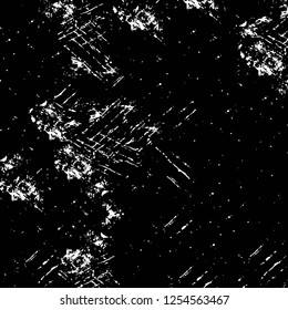 Abstract black and white vector background. Monochrome vintage surface with dirty pattern in cracks, spots, dots. Old painted wall in dark horror style design. Grunge overlay layer.