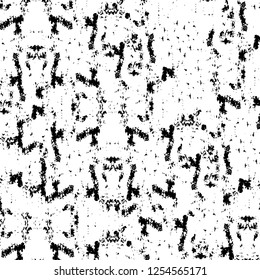 Abstract black and white vector background. Monochrome vintage surface with dirty pattern in cracks, spots, dots. Old painted wall in dark horror style design. Grunge overlay layer.