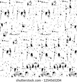 Abstract black and white vector background. Monochrome vintage surface with dirty pattern in cracks, spots, dots. Old painted wall in dark horror style design. Grunge overlay layer.