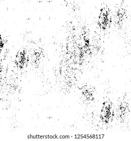 Abstract black and white vector background. Monochrome vintage surface with dirty pattern in cracks, spots, dots. Old painted wall in dark horror style design. Grunge overlay layer.
