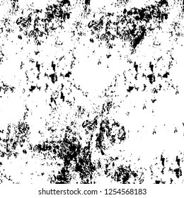 Abstract black and white vector background. Monochrome vintage surface with dirty pattern in cracks, spots, dots. Old painted wall in dark horror style design. Grunge overlay layer.