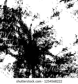 Abstract black and white vector background. Monochrome vintage surface with dirty pattern in cracks, spots, dots. Old painted wall in dark horror style design. Grunge overlay layer.