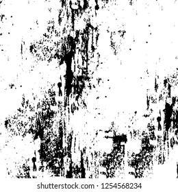 Abstract black and white vector background. Monochrome vintage surface with dirty pattern in cracks, spots, dots. Old painted wall in dark horror style design. Grunge overlay layer.