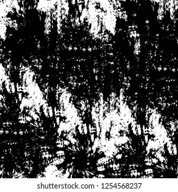 Abstract black and white vector background. Monochrome vintage surface with dirty pattern in cracks, spots, dots. Old painted wall in dark horror style design. Grunge overlay layer.