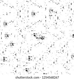 Abstract black and white vector background. Monochrome vintage surface with dirty pattern in cracks, spots, dots. Old painted wall in dark horror style design. Grunge overlay layer.