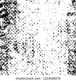Abstract black and white vector background. Monochrome vintage surface with dirty pattern in cracks, spots, dots. Old painted wall in dark horror style design. Grunge overlay layer.