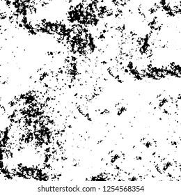 Abstract black and white vector background. Monochrome vintage surface with dirty pattern in cracks, spots, dots. Old painted wall in dark horror style design. Grunge overlay layer.